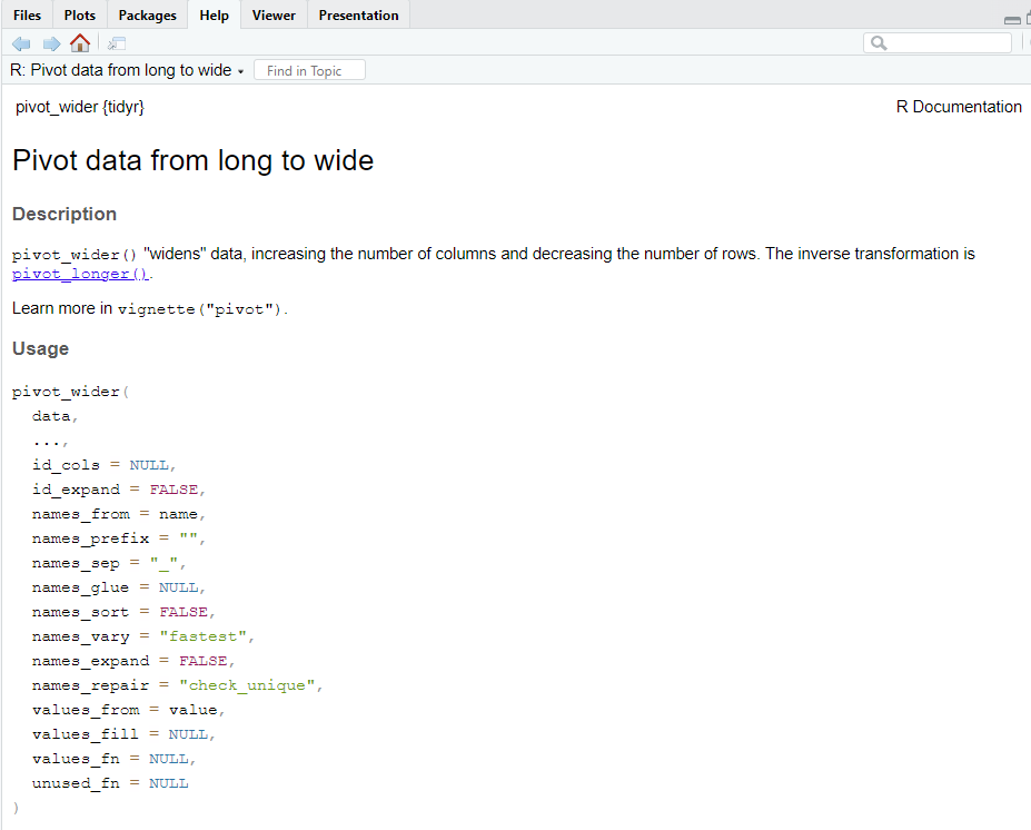 The arguments that we can pass to the pivot_wider() function